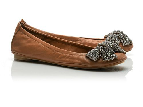 Tory Burch: Leather Eddie Brown  Embellished  Bow Ballet Flats